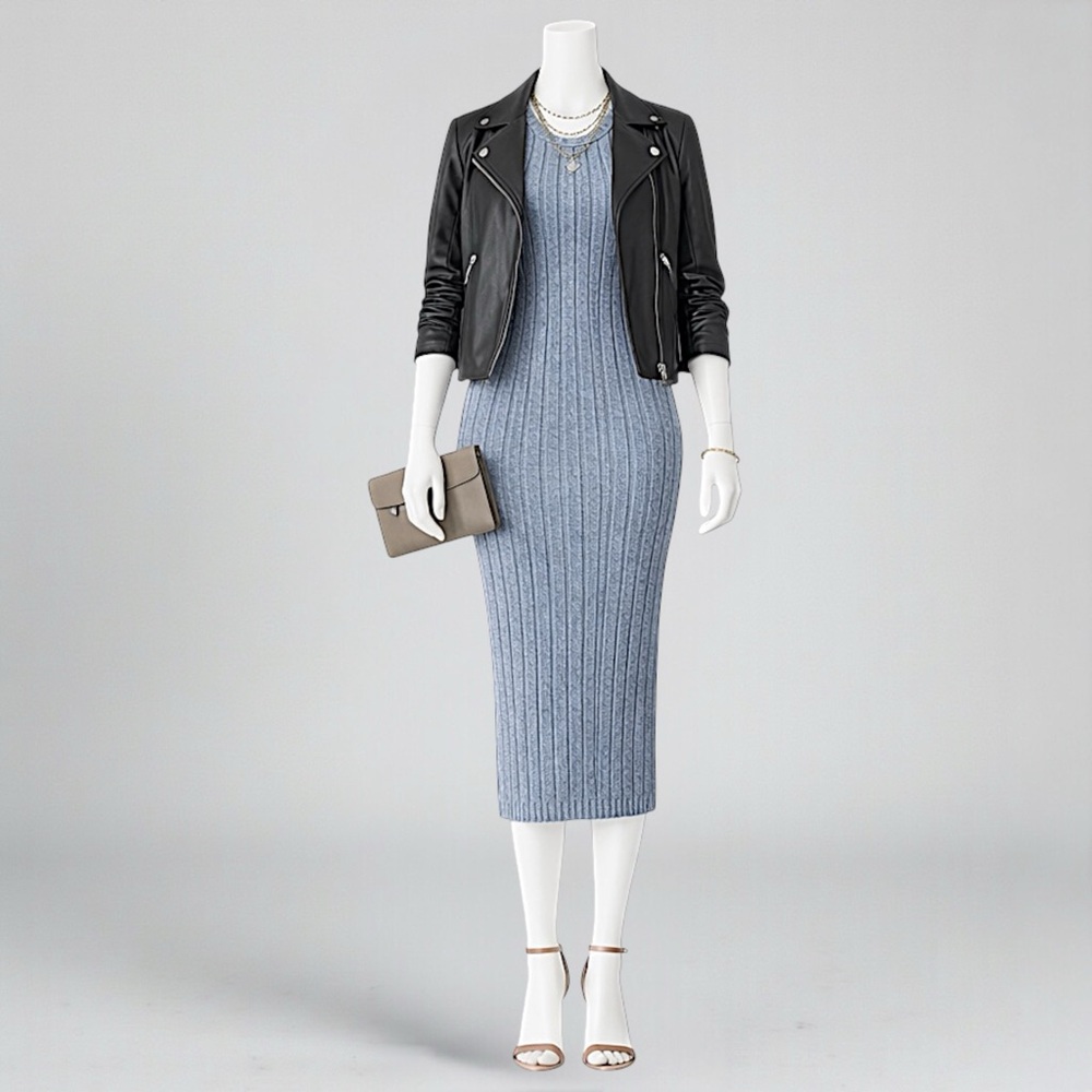 Women’s Steel Gray Halter Neck Ribbed Knit Bodycon Midi Dress